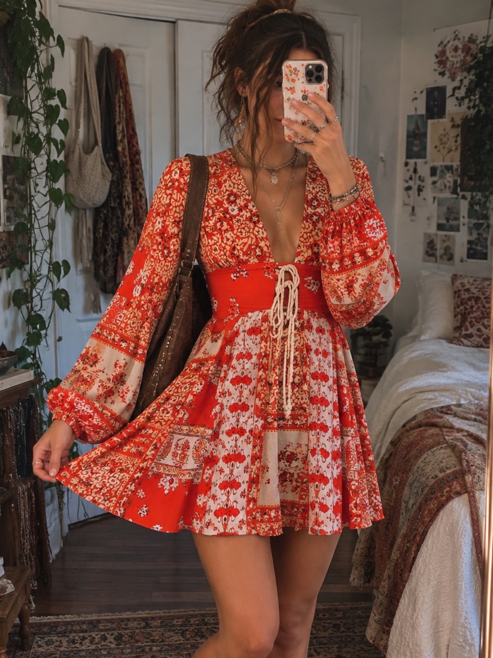 Free People Mixing It Up Plunge Neck Red Cream Patterned Mini Dress Boho